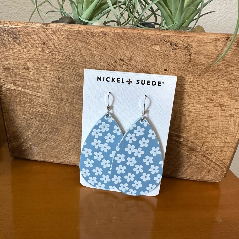 Nickel + Suede Blue Floral Teardrop Earrings